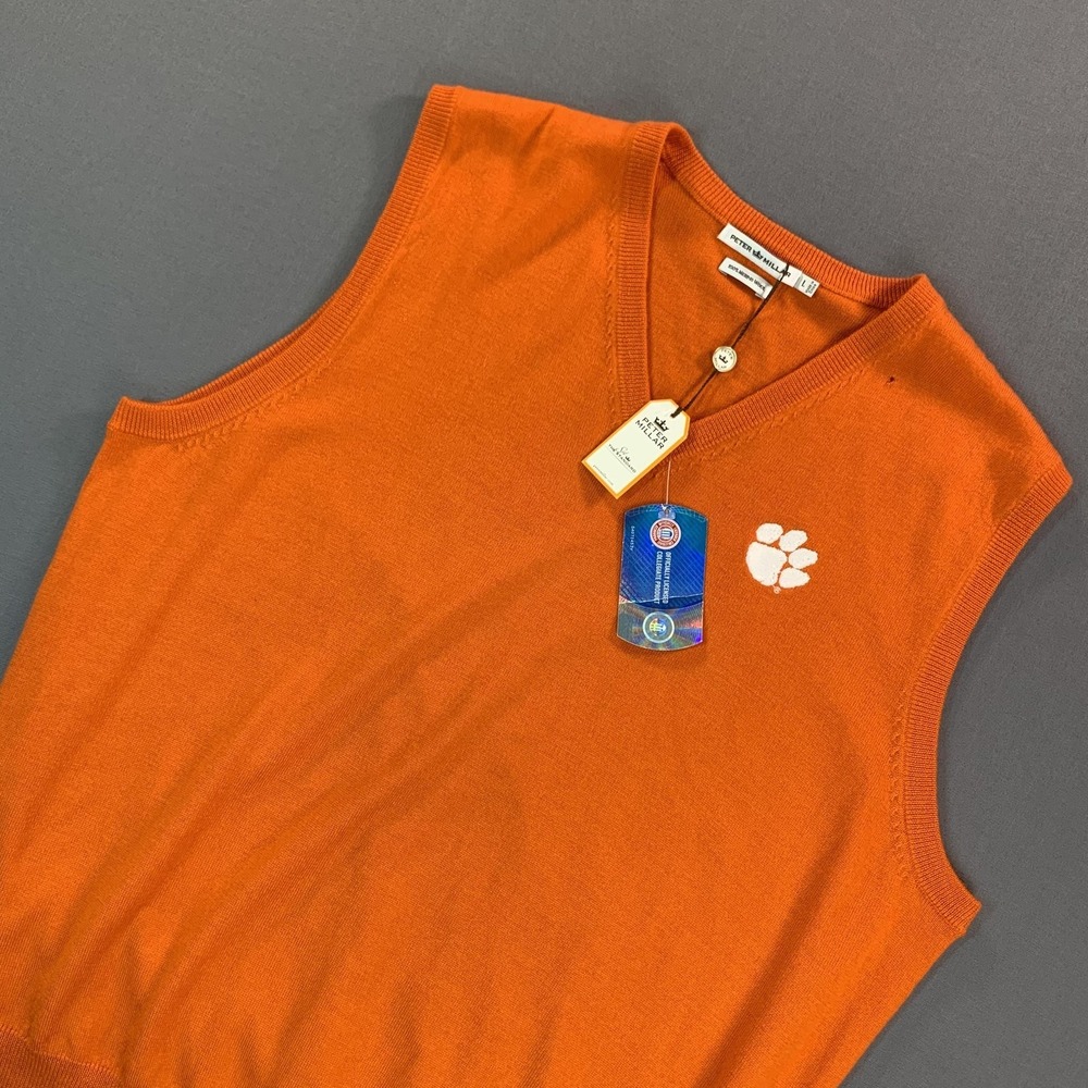 NEW Clemson Tigers Sweater Vest Mens L Orange NCAA Merino Peter Millar *Pinhole*